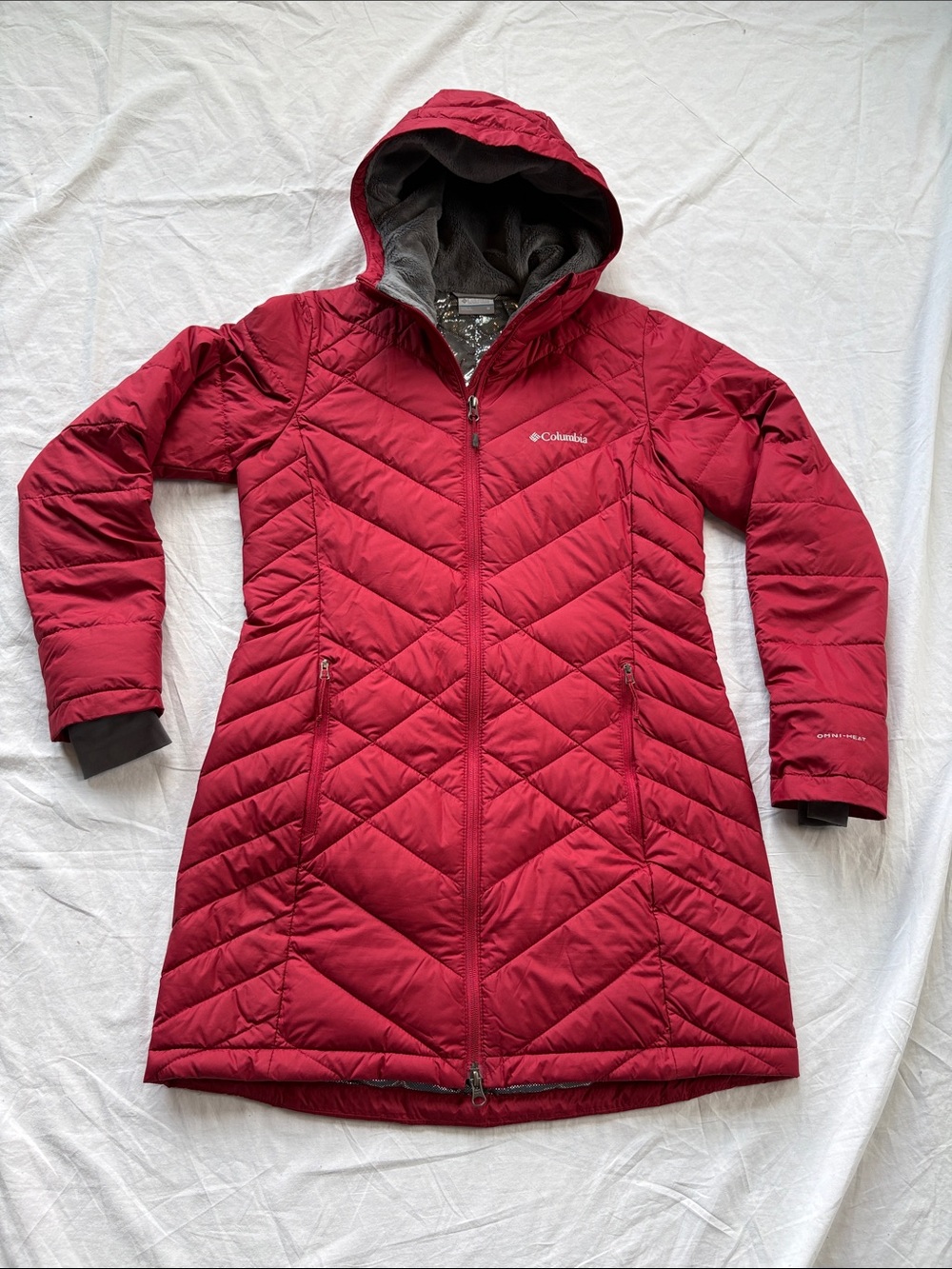 Columbia Heavenly Long Hooded Puffer Jacket Women’s Medium Burgundy Winter Coat